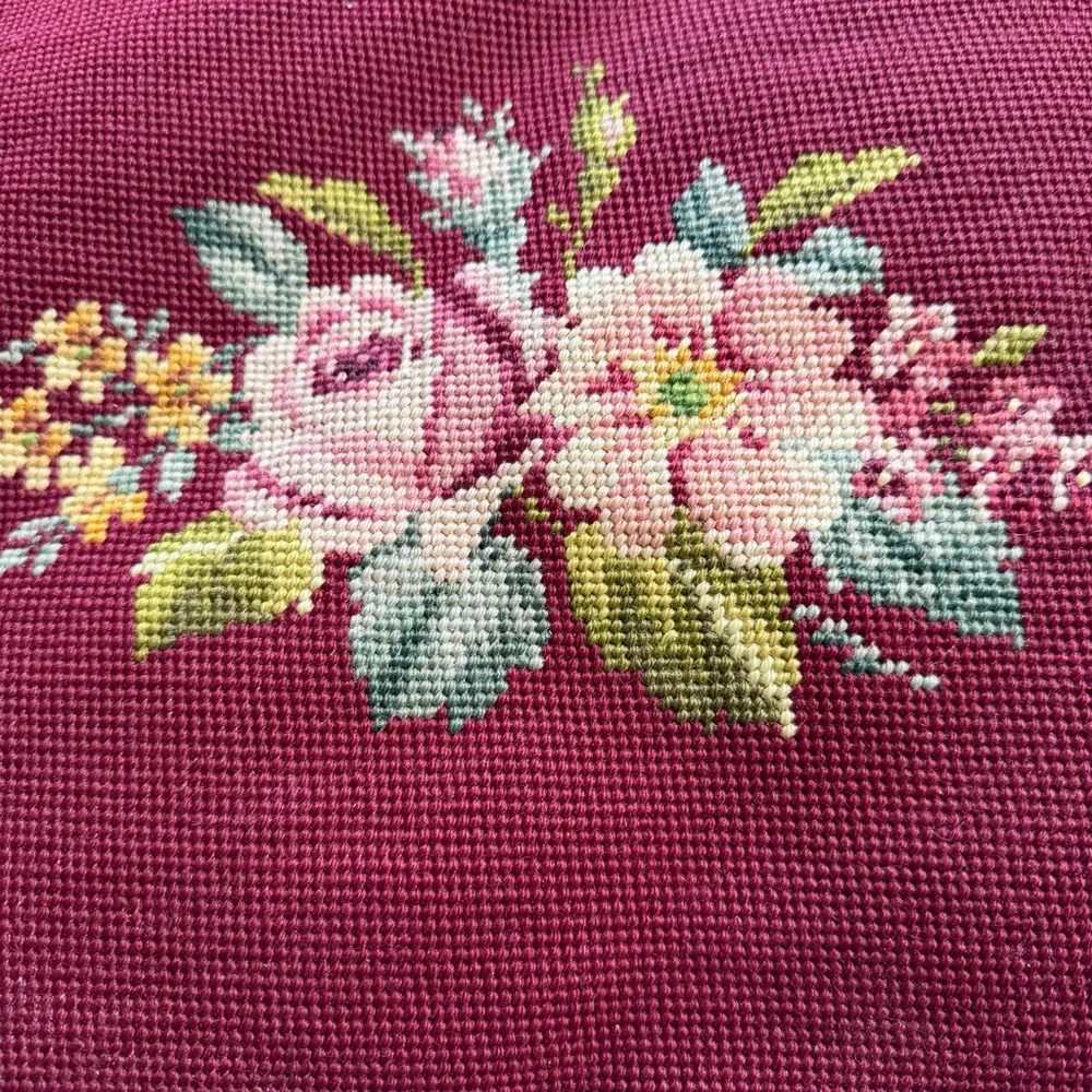 Vintage Needlepoint Floral Pillow 18”x15” Burgundy Wool Front Velvet Back Flat
